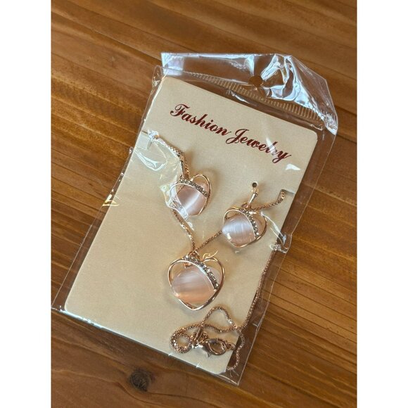 Rose Gold Necklace & Earrings Set With Pink Stone & Rhinestones - Picture 4 of 4